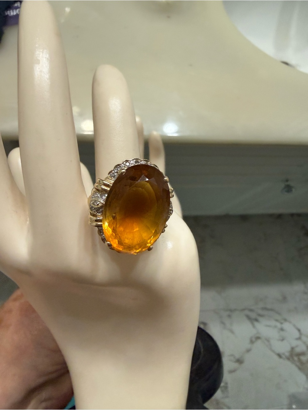 14k Gold Citrine Diamond Ring Size 7.5 Large Gemstone Statement Luxury - Picture 11 of 16